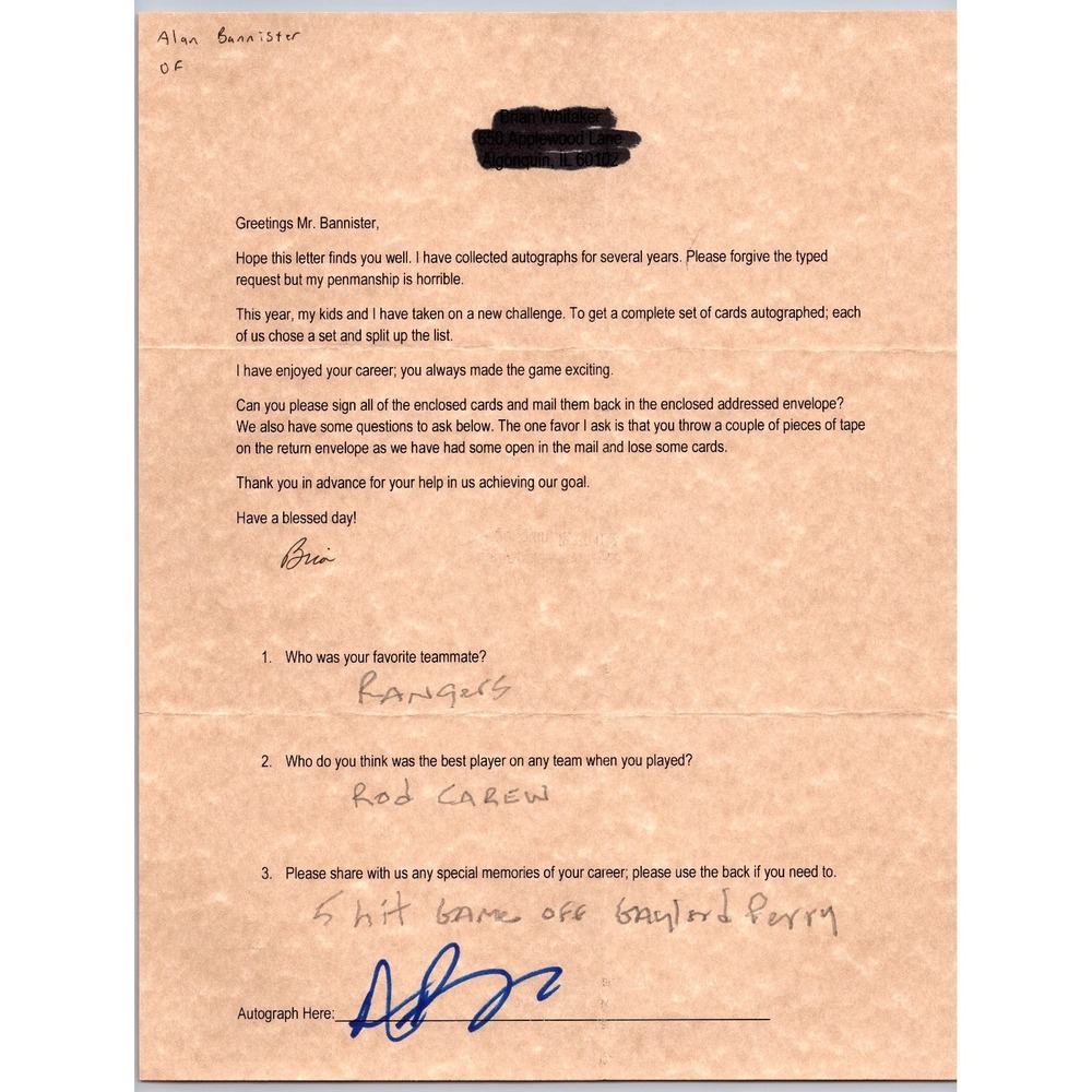 Alan Bannister Autographed Letter Handwritten Answers Rod Carew Gaylord Perry